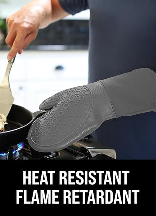 BPA-Free Soft Silicone Oven Mitts - Ultra Heat Resistant Oven Mitts with Thick Cotton Liner - Long Slip Resistant Pot Holders, Flexible Oven Gloves - Gray 13.7"