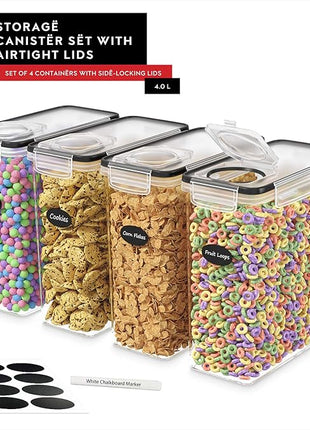 DWËLLZA KITCHEN Cereal Containers Storage 4 Pack 135 fl. oz Cereal Dispenser Airtight Food Storage Containers BPA-Free Pantry Organization and Storage, Canister for Flour & Sugar 1 Marker 8 Labels