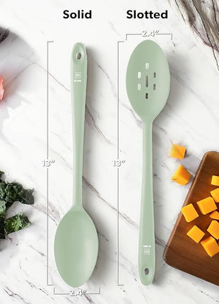 DI ORO Silicone Spoons for Cooking - Large Kitchen Spoons for Mixing, Serving, & Stirring - 600°F Heat-Resistant Non Stick Utensils – Big Solid & Slotted Basting Spoons - Dishwasher Safe (2pc, Sage)