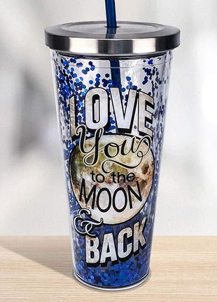 Spoontiques - Glitter Filled Acrylic Tumbler - Glitter Cup with Straw - 20 oz - Stainless Steel Locking Lid with Straw - Double Wall Insulated - BPA Free - Moon & Back