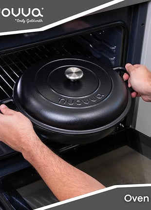 Shallow Cast Iron Casserole with Lid – Non Stick Dutch Oven Pot, Oven Safe up to 500° F – Sturdy Ovenproof Stockpot Cookware – Enamelled Cooking Pot – Black, 5-Quart, 32cm – by Nuovva