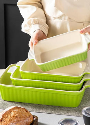 MALACASA Bakeware Set of 4, Porcelain Baking Pans Set for Oven, Casserole Dish, Ceramic Rectangular Baking Dish Lasagna Pans for Cooking Cake Kitchen, Green (9.4"/11.1"/12.2"/14.7"), Series BAKE.BAKE