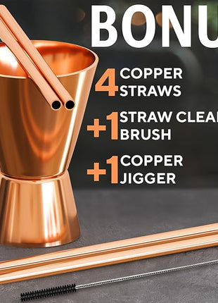 Benicci Moscow Mule Copper Mugs - Set of 4-100% HANDCRAFTED - Food Safe Pure Solid Copper Mugs - 16 oz Christmas Gift Set with Premium Quality Cocktail Straws and Jigger!