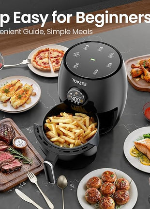 Topzee Small Air Fryer, 2.1QT Mini Compact 4-in-1 Air Fryer for 1–2 People, 98% Less Oil, Adjustable Temp & 60Min Timer, Quiet, Nonstick Dishwasher Safe, BPA-Free, Dark Grey