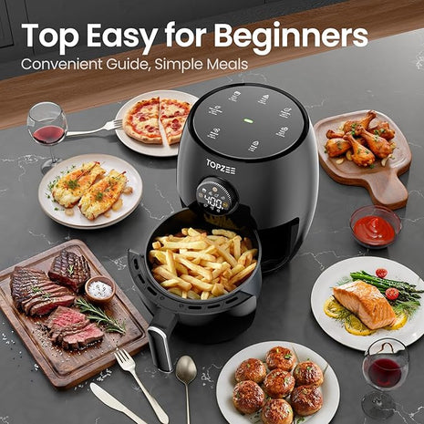 Topzee Small Air Fryer, 2.1QT Mini Compact 4-in-1 Air Fryer for 1–2 People, 98% Less Oil, Adjustable Temp & 60Min Timer, Quiet, Nonstick Dishwasher Safe, BPA-Free, Dark Grey