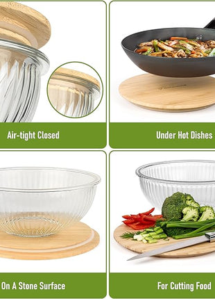 Stackable Space-Saving Set of 5 Nesting Glass Bowls with Bamboo Lids for Foodprep, Storage, Baking, Mixing & Cooking, Microwave & Oven Safe BPA Free Heat Resistant Inert Borosilicate Glass