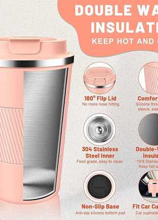 Insulated Coffee Tumblers with Flip Lid 12oz / 17oz, Stainless Steel Travel Coffee Mug Leak Proof, Vacuum Insulated Coffee Mug Reusable Cup, Keeps Cold and Hot for Coffee Tea