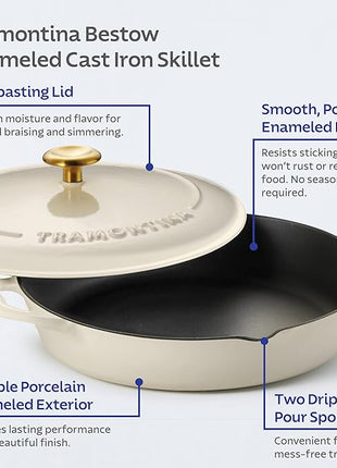 Tramontina Bestow Enameled Cast Iron Skillet with Lid, 10-inch Frying Pan, Latte with Gold Knob
