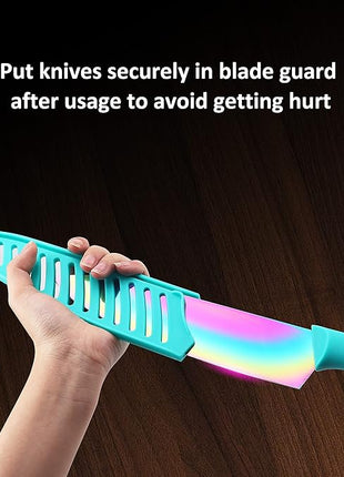 Marco Almond Kitchen Knife Set, KYA37 12-Piece Rainbow Titanium Stainless Steel Boxed Knives Set for Kitchen with Covers, 6 Knives with 6 Blade Guards