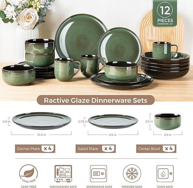 LERATIO Ceramic Dinnerware Set for 4, Poreclain Plates, Bowls, Handmade Reactive Glaze Dishes, Chip Resistant, Oven & Dishwasher Safe, Service for 4