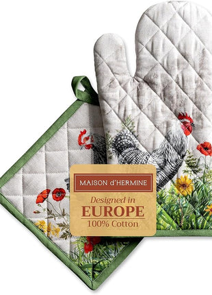 Maison d' Hermine 100% Cotton Oven Mitt & Pot Holder Set (7.5"x13" & 8"x8") Heat Resistant BBQ Cooking Gloves with Loop, Baking, Grilling, Kitchen, Handling Hot Pans Spring/Summer (Basse Cour)