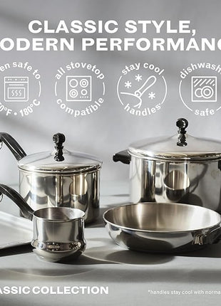 Farberware Classic Series Stainless Steel Pots and Pans with Baking Sheet Pan, Cooking Tools, and Lids, Induction Ready, Dishwasher Safe, 10 Piece Cookware Set, Metal Utensil Safe - Stainless Steel