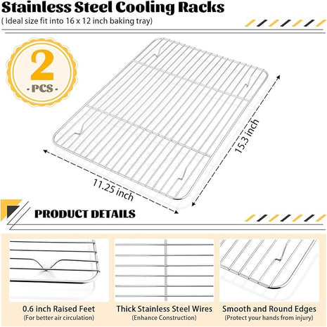 P&P CHEF Cooling Baking Rack Pack of 2, Stainless Steel Cooling Racks for Cooking Baking Roasting Grilling Drying, Dense Wires & Smooth Edge, Easy to clean, Silver, 15.3" x 11.25"