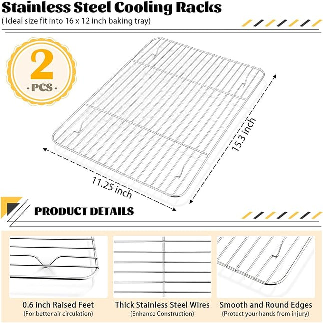 P&P CHEF Cooling Baking Rack Pack of 2, Stainless Steel Cooling Racks for Cooking Baking Roasting Grilling Drying, Dense Wires & Smooth Edge, Easy to clean, Silver, 15.3" x 11.25"