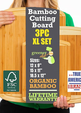 Organic Wooden Cutting Boards for Kitchen Set of 3 with Lifetime Replacements – Premium Extra Large Bamboo Chopping Boards with Juice Grooves for Carving & Serving, Non-Toxic & Durable by Greener Chef