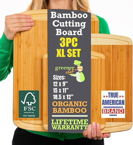 Organic Wooden Cutting Boards for Kitchen Set of 3 with Lifetime Replacements – Premium Extra Large Bamboo Chopping Boards with Juice Grooves for Carving & Serving, Non-Toxic & Durable by Greener Chef