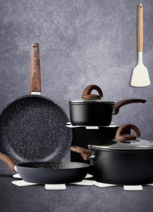 Non Stick Pots and Pans Set, Healthy Ceramic Cookware Set, 12pcs Kitchen Cooking Pots and Frying Sauce Saute Pans Set, PFAS-Free with Kitchen Utensils and Lid, Black