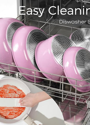 15Pcs Pots and Pans Set Non Stick, Cookware Sets with Detachable Handle, Nonstick RV Kitchen Cooking Tools Removable Handles, Oven Safe, Induction Fast, Stackable Induction Cookware, Pink