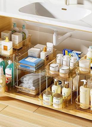 Delamu 2-Tier Under Sink Organizers and Storage, Multi-Purpose Stackable Bathroom Cabinet Organizers, Pull Out Kitchen Pantry Organization and Storage with Dividers Amber, 4 Pack