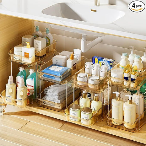 Delamu 2-Tier Under Sink Organizers and Storage, Multi-Purpose Stackable Bathroom Cabinet Organizers, Pull Out Kitchen Pantry Organization and Storage with Dividers Amber, 4 Pack