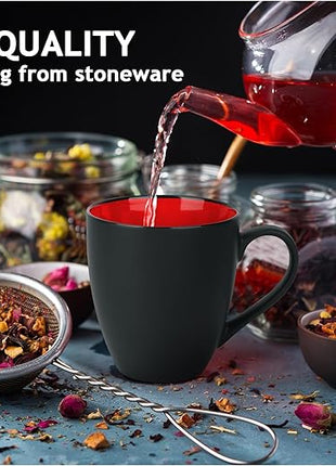 MIAMIO - Set of 6 Stoneware Coffee Mugs 12 Ounce/Cup Set - Le Papillon Collection (Black-Red)