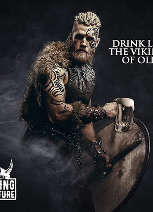 Viking Culture Ox Horn Mug, Shot Glass, and Bottle Opener (3 Pc. Set) Authentic 16-oz. Ale, Mead, and Beer Tankard | Vintage Stein with Handle | Custom Intricate Design - Natural Finish | Thors Hammer