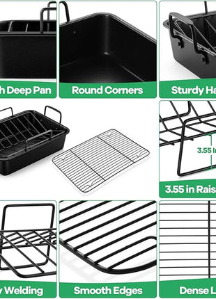 P&P CHEF 14" Roaster Roasting Pan with Baking Rack and V-shaped Rack, Stainless Steel Rectangular Lasagna Pan with Handles for Turkey Chicken, Healthy & Dishwasher Safe, 3 Pieces, Black