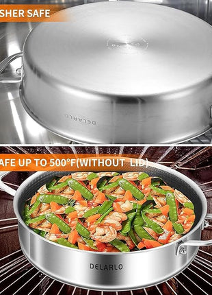 DELARLO Tri-Ply Stainless Steel 7QT Saute Pan 12 Inch Deep Frying Pan with lid Nonstick, Induction Compatible Chef Cooking Pan