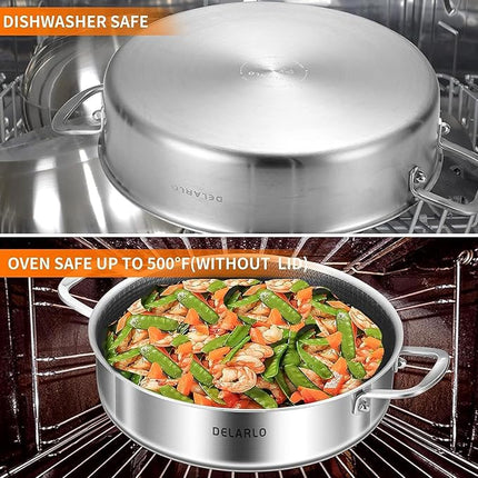 DELARLO Tri-Ply Stainless Steel 7QT Saute Pan 12 Inch Deep Frying Pan with lid Nonstick, Induction Compatible Chef Cooking Pan