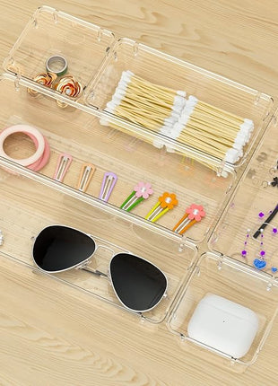 WOWBOX 12 Pack Clear Drawer Organizer Set, Acrylic Drawer Storage Trays, Storage Bins for Makeup, Cosmetics, Jewelries, Utensils, Gadgets, Office