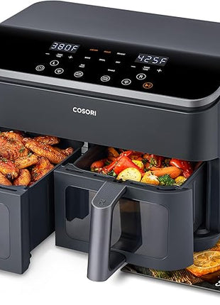 COSORI Dual Air Fryer 9Qt – 10-in-1, Fresh Balanced Meals for Family and Children with Double Baskets, Sync Cook & Finish to Bake, Roast, Reheat, Broil & 130 Recipes for Easy Cooking, Dishwasher Safe