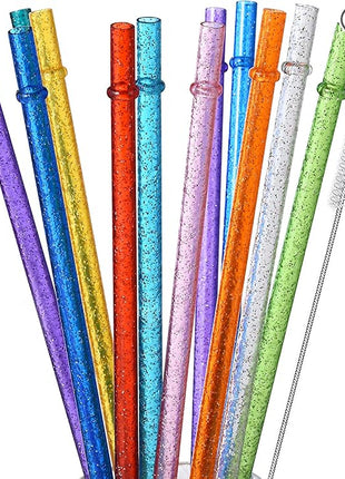 ALINK 12-Pack Glitter Reusable Clear Plastic Straws, 11" Long Hard Tumbler Replacement Drinking Straws for 16 OZ 20 OZ 30 OZ Stanley, YETI, Starbucks Tumblers with Cleaning Brush