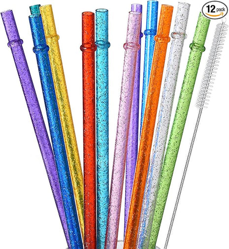 ALINK 12-Pack Glitter Reusable Clear Plastic Straws, 11" Long Hard Tumbler Replacement Drinking Straws for 16 OZ 20 OZ 30 OZ Stanley, YETI, Starbucks Tumblers with Cleaning Brush