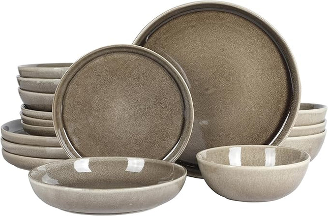 Gibson Elite Berea 16 Piece (Service for 4) Plates and Bowls Reactive Glaze Round Dishes Stoneware Ceramic Dinnerware Set -Taupe