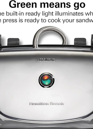 Hamilton Beach Panini Press Sandwich Maker & Electric Indoor Grill with Locking Lid, Opens Wide to Fit Any Thickness for Quesadillas, Burgers & More, Nonstick 8" x 10" Grids, Chrome (25460AG)