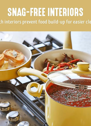 GreenLife 16 Piece Nonstick Cookware Set, Soft Grip Non-Toxic PFAS-Free Ceramic Pots & Pans, Dishwasher & Oven Safe, Frying, Sauce, Saute, Utensils, Glass Lids, Stay-Cool Handles, Wobble Free, Yellow