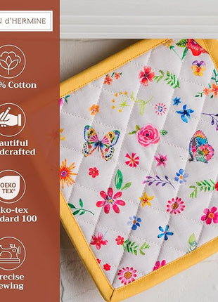 Maison d' Hermine Pot Holders Set 100% Cotton Heat Resistant Potholders 8" x 8" Hot Pads with Loop BBQ, Cooking, Grilling, Kitchen, Handling Hot Pans Spring/Summer (Pack of 2, Happy Florals - Sweety)
