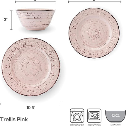 Pfaltzgraff Trellis Pink 12 Piece Dinnerware Plate Bowl Set, Service for 4