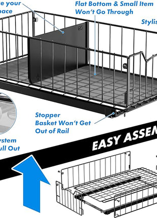 Simple Houseware Pull-Out Cabinet Sliding Basket Organizer, 17.2" D x 9.7" W x 5" H – Black, Ideal for Kitchen and Bathroom Cabinet Storage, Under Sink or Pantry Organization