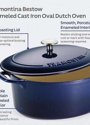 Tramontina Bestow Enameled Cast Iron Oval Dutch Oven Pot with Lid, Large 7-quart, Blue