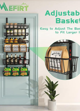 Over The Door Pantry Organizer, Pantry Organization and Storage, 6-Tier Deep Baskets Hanging Heavy-Duty Metal, Wall Spice Rack Seasoning Shelves for Home & Kitchen, Laundry Room Bathroom, Black