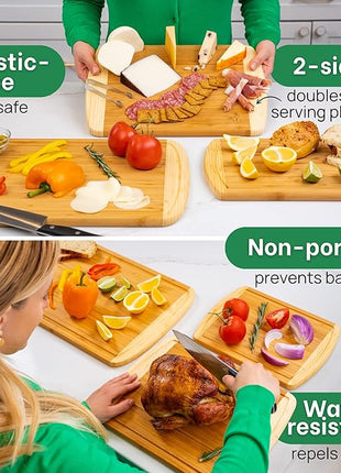Organic Wooden Cutting Boards for Kitchen Set of 3 with Lifetime Replacements – Premium Extra Large Bamboo Chopping Boards with Juice Grooves for Carving & Serving, Non-Toxic & Durable by Greener Chef