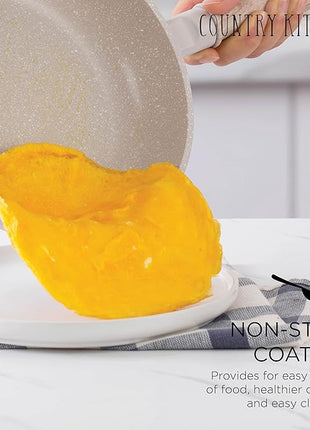 Country Kitchen Non-Stick Cast Aluminum Cookware Set - Durable Kitchen Cookware for Everyday Cooking, Cream Round Handle, 11 Pc.