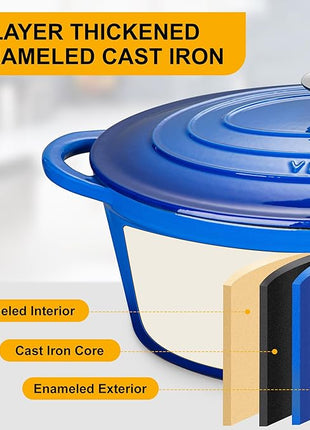 Velaze 7.5 QT Enameled Oval Dutch Oven Pot with Lid, Cast Iron Dutch Oven with Dual Handles for Bread Baking, Cooking, Frying, Non-stick Enamel Coated Cookware（Blue)