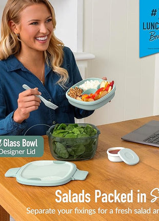 Bentgo Glass Prints All-in-One Salad Container - 61oz Tinted Glass Salad Bowl with Lid, Bento-Style Tray, Sauce Container, & Reusable Fork - Dishwasher & Microwave Safe (Mod Curve - Serene Green)