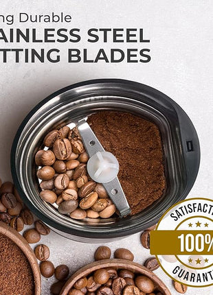 Kaffe One-Touch Coffee Grinder Electric w/Cleaning Brush (3 oz) - Stainless Steel - Coffee Grinders for Home Use - Up to 12 Cups of Coffee per Grind - Easy On/Off Coffee Bean Grinder - Copper