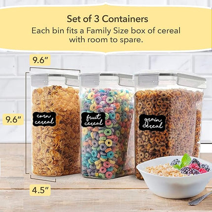 Simply Gourmet Airtight Cereal Containers with Lids – 3 Piece Tall Kitchen Pantry Organization Set, BPA-Free Clear Plastic, Pour Spout Lids for Breakfast Cereal, Rice, Flour, Sugar, Snacks