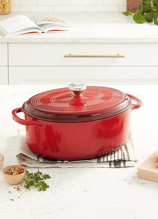 Lodge 7 Quart Enameled Cast Iron Oval Dutch Oven with Lid – Dual Handles – Oven Safe up to 500° F or on Stovetop - Use to Marinate, Cook, Bake, Refrigerate and Serve – Red