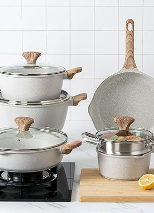 Country Kitchen Non-Stick Cast Aluminum Cookware Set - Durable Kitchen Cookware for Everyday Cooking, Cream, 11 Pc.