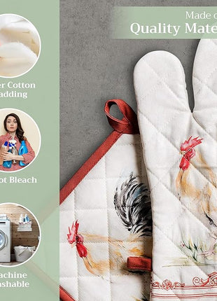 Maison d' Hermine 100% Cotton Oven Mitt & Pot Holder Set (7.5"x13" & 8"x8") Heat Resistant BBQ Cooking Gloves with Loop, Baking, Grilling, Kitchen, Handling Hot Pans Spring/Summer (Campagne)